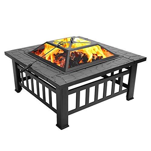 32in Wood Fire Pit with Mesh Lid and Fire Poker M2760