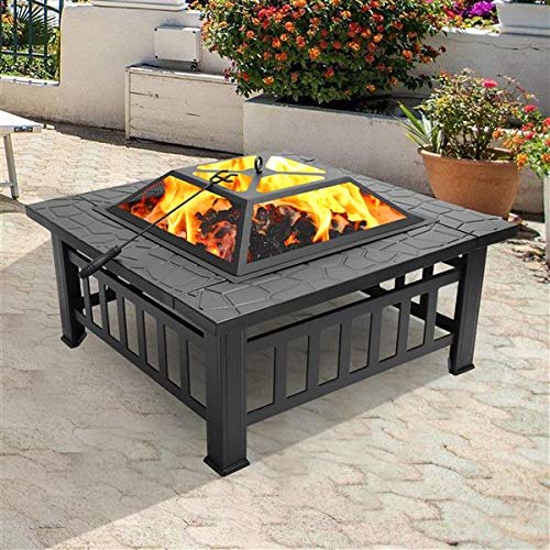 32in Wood Fire Pit with Mesh Lid and Fire Poker M2760