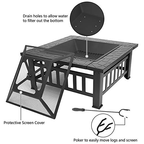 32in Wood Fire Pit with Mesh Lid and Fire Poker M2760
