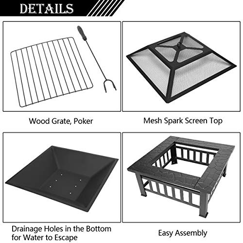 32in Wood Fire Pit with Mesh Lid and Fire Poker M2760