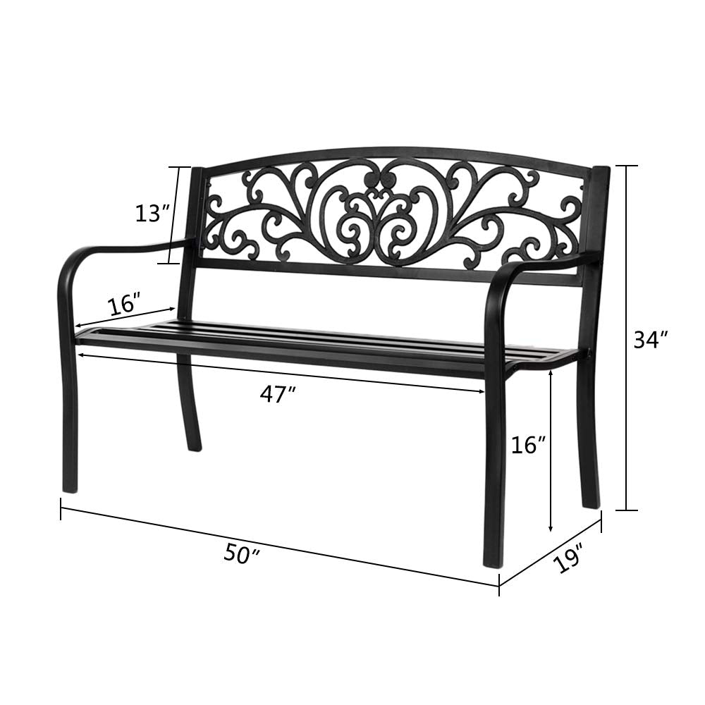 50in Black Metal Outdoor Bench with Armrests S209039