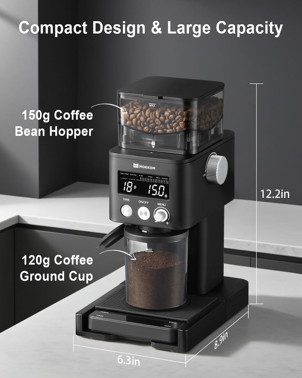Conical Burr Coffee Grinder with Scale, 31 Grind Settings, Stainless Steel, Black W626
