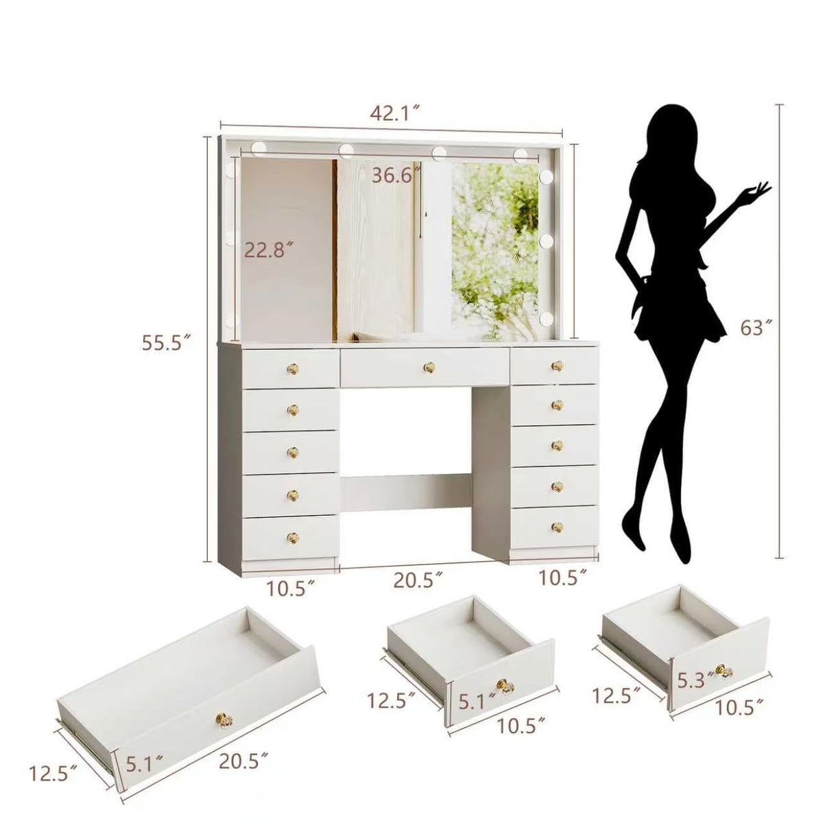 White Vanity Desk with Mirror and 10 LED Lights R29970