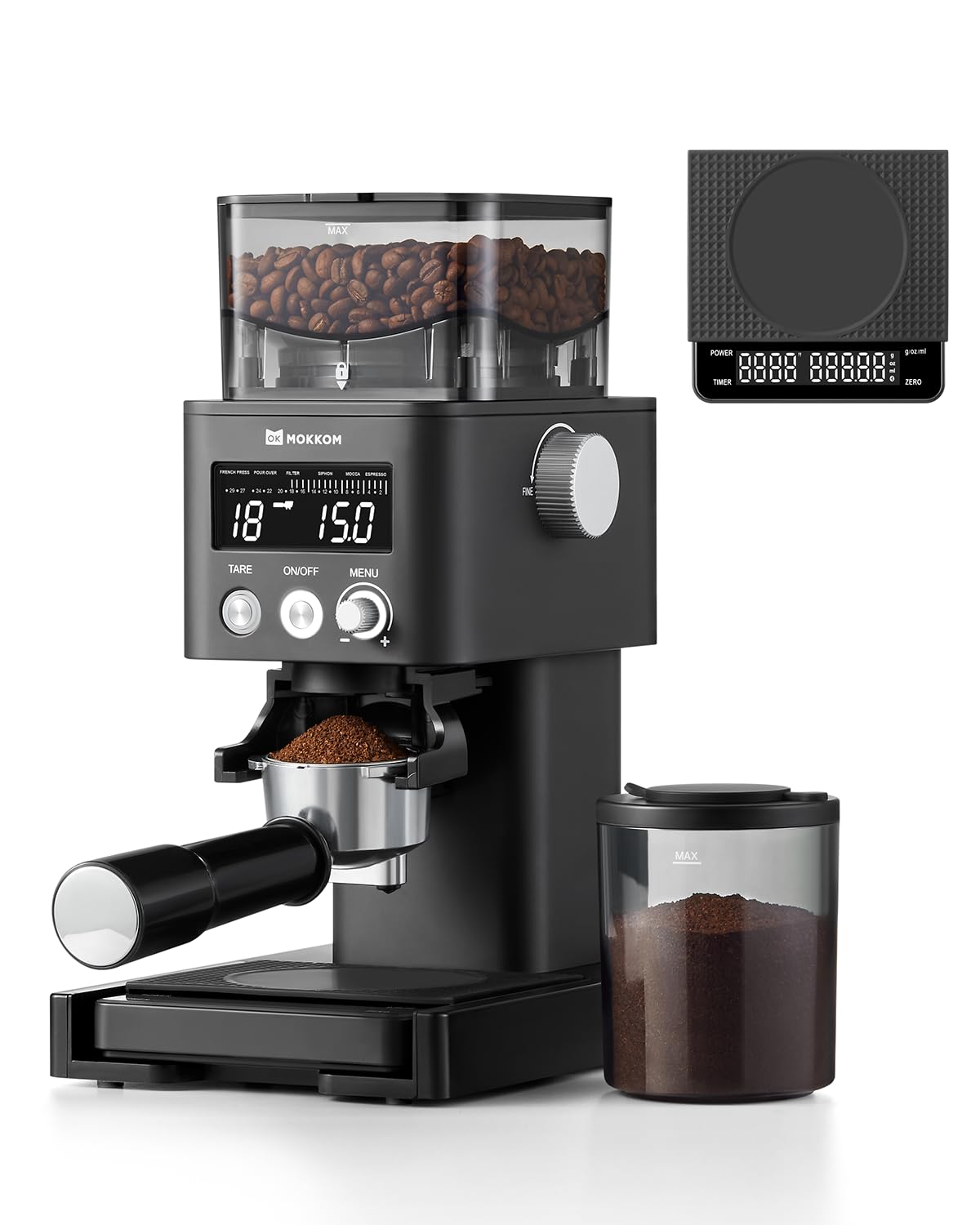 Conical Burr Coffee Grinder with Scale, 31 Grind Settings, Stainless Steel, Black W626