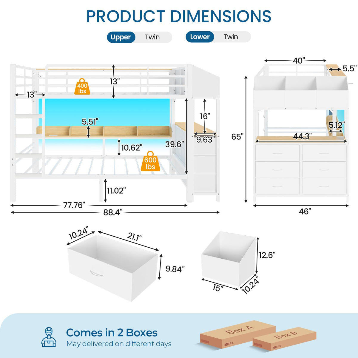 Twin Over Twin Bunk Bed with 6 Storage Drawers, Shelves, LED Lights and Ladder X28361