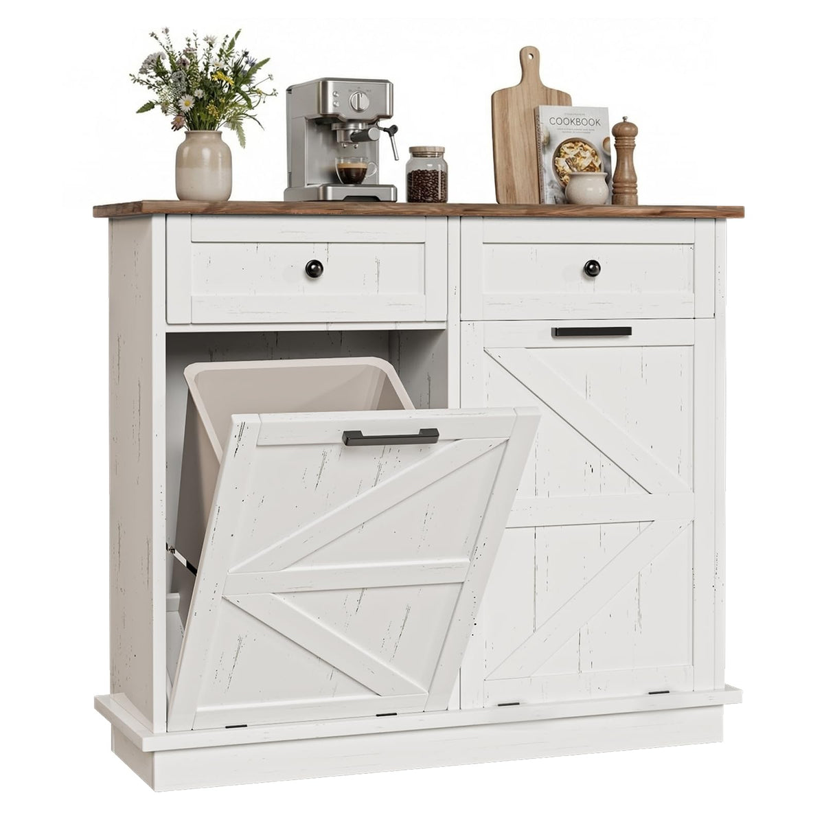 White Double 10-Gallon Tilt Out Trash Can Cabinet with Drawer F605976