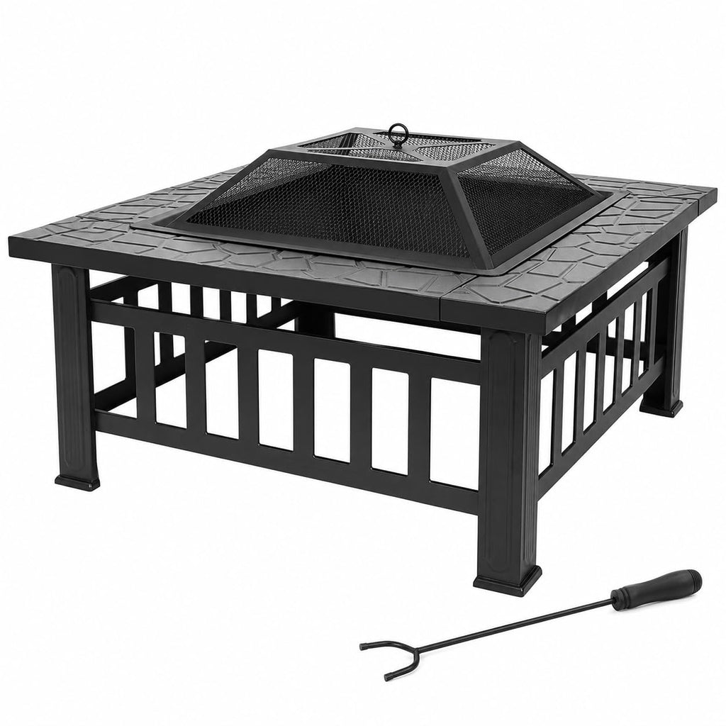 32 Inch Square Metal Wood Burning Fire Pit with Spark Screen and Poker V70714