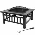 32 Inch Square Metal Wood Burning Fire Pit with Spark Screen and Poker V70714