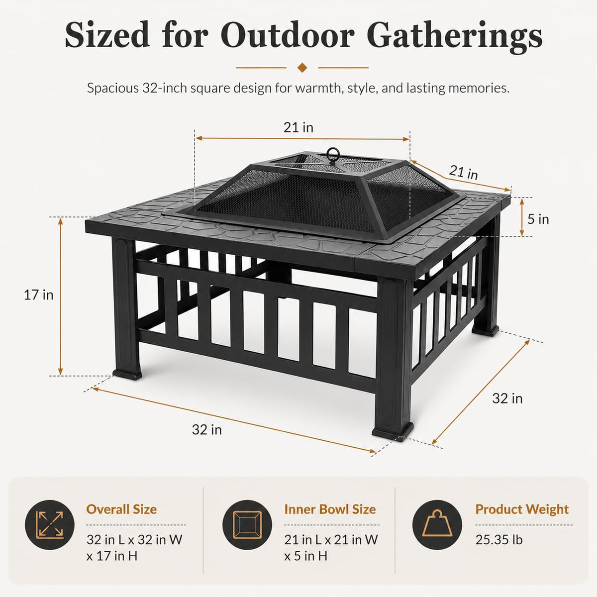 32 Inch Square Metal Wood Burning Fire Pit with Spark Screen and Poker V70714