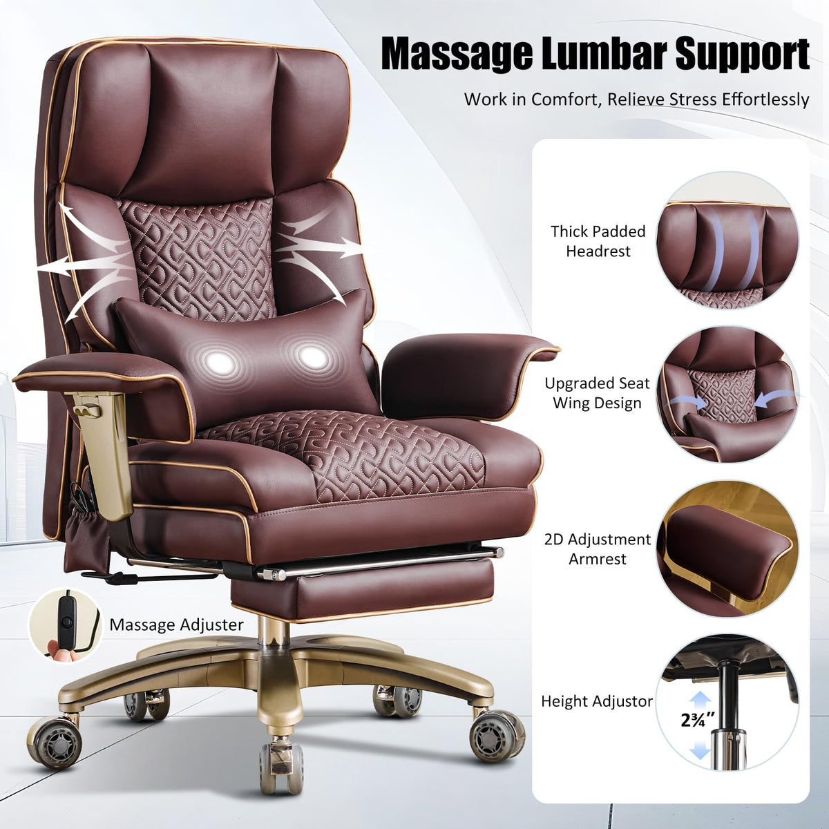 Brown Ergonomic PU Leather Executive Office Chair with Footrest L596