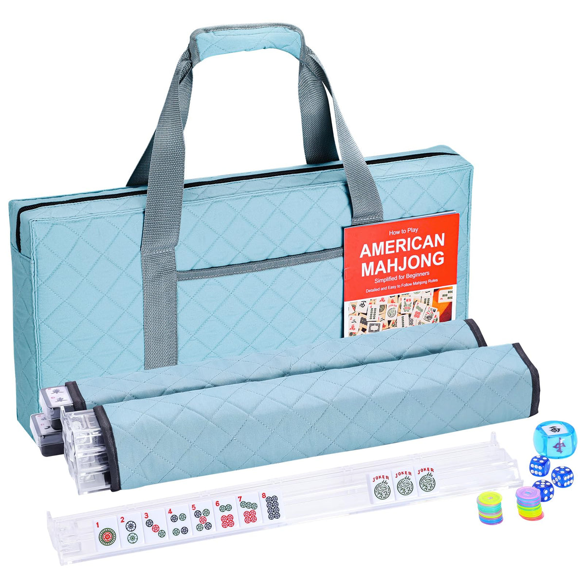166 White Mahjong Tile Set with 4 Racks and Blue Carrying Bag O16020