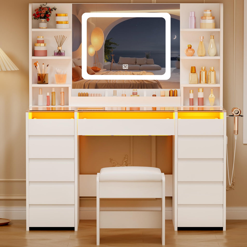 Glass Top Vanity Desk with Mirror and Stool F6936