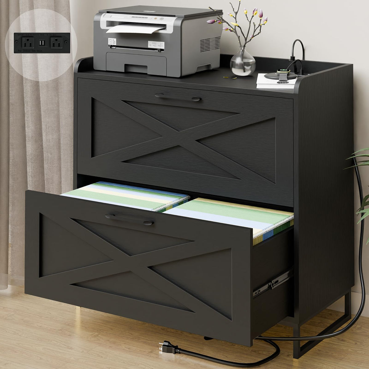 2 Drawer Black File Cabinet with Charging Station A46570