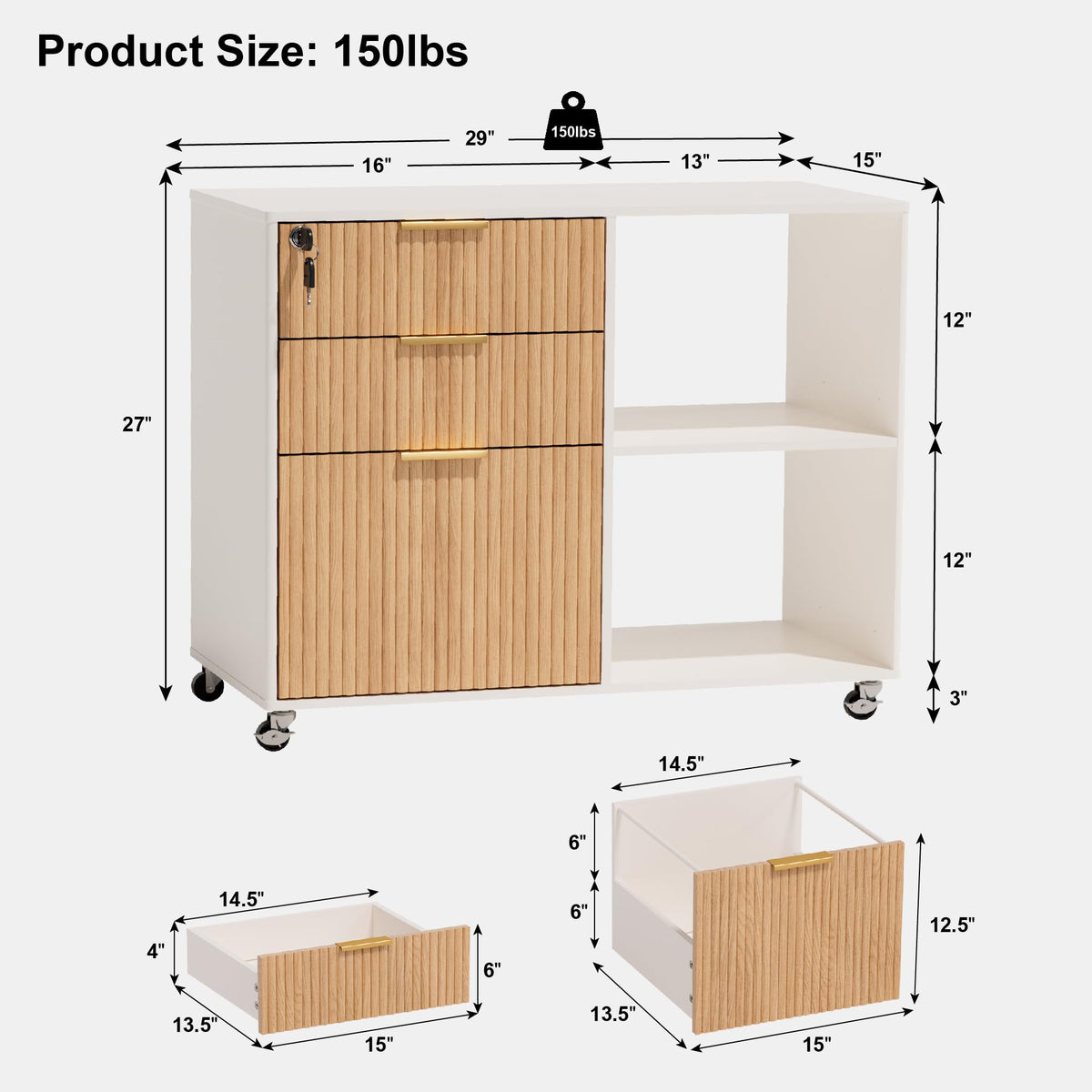 3 Drawer Fluted Mobile Filing Cabinet with Lock T3617