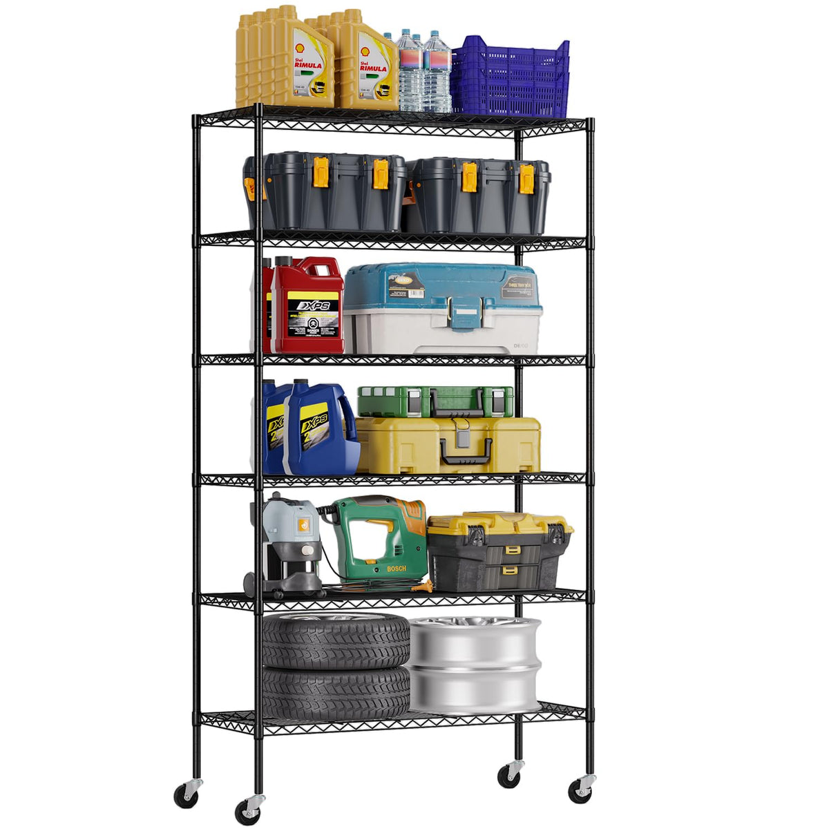 6-Tier Black Wire Shelf with Wheels P6361