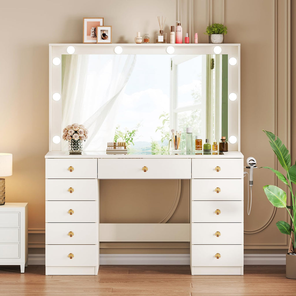 White Vanity Desk with Mirror and 10 LED Lights R29970