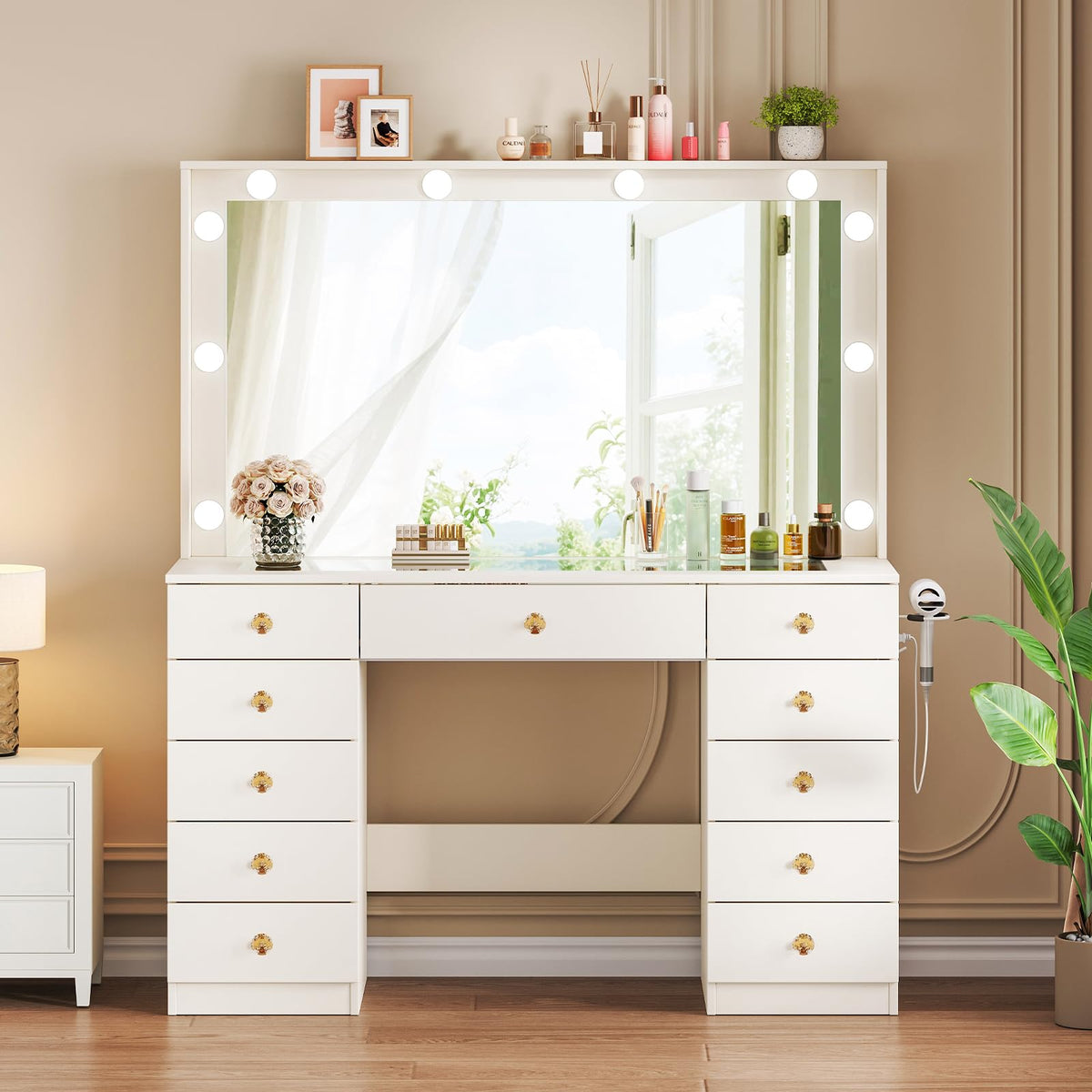 White Vanity Desk with Mirror and 10 LED Lights R29970