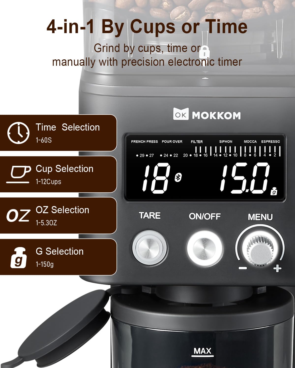 Conical Burr Coffee Grinder with Scale, 31 Grind Settings, Stainless Steel, Black W626