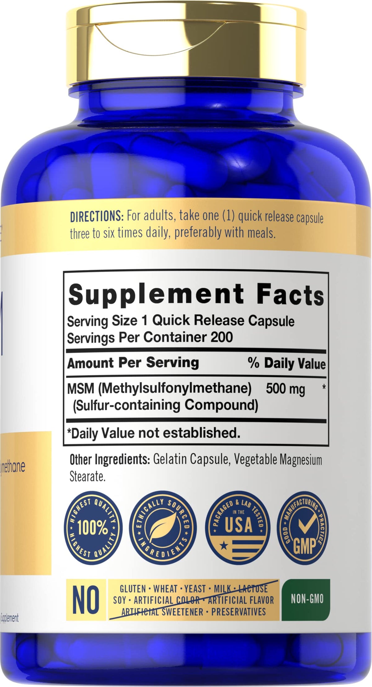 MSM Supplement Capsules 500mg 200 Count O670847