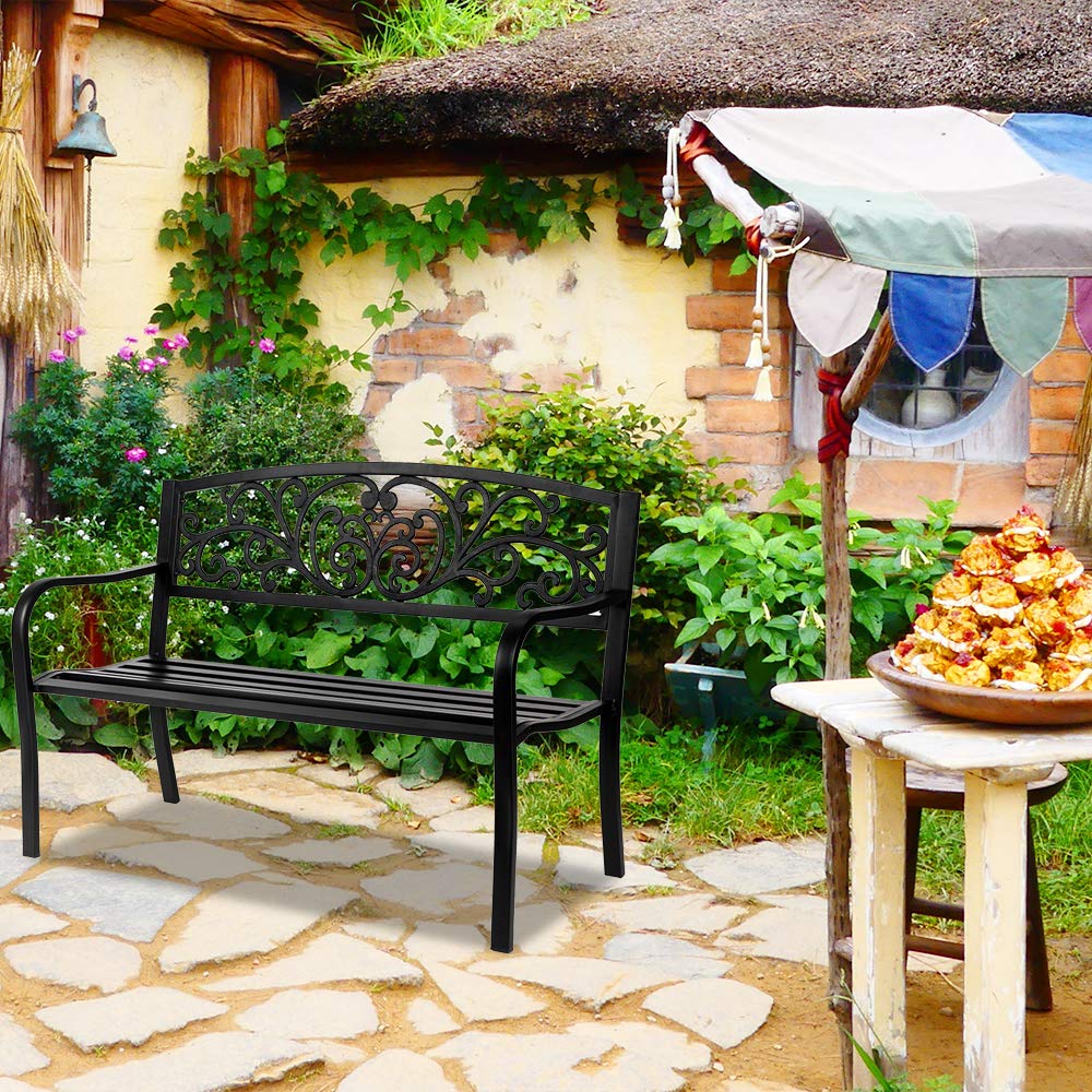 50in Black Metal Outdoor Bench with Armrests S209039