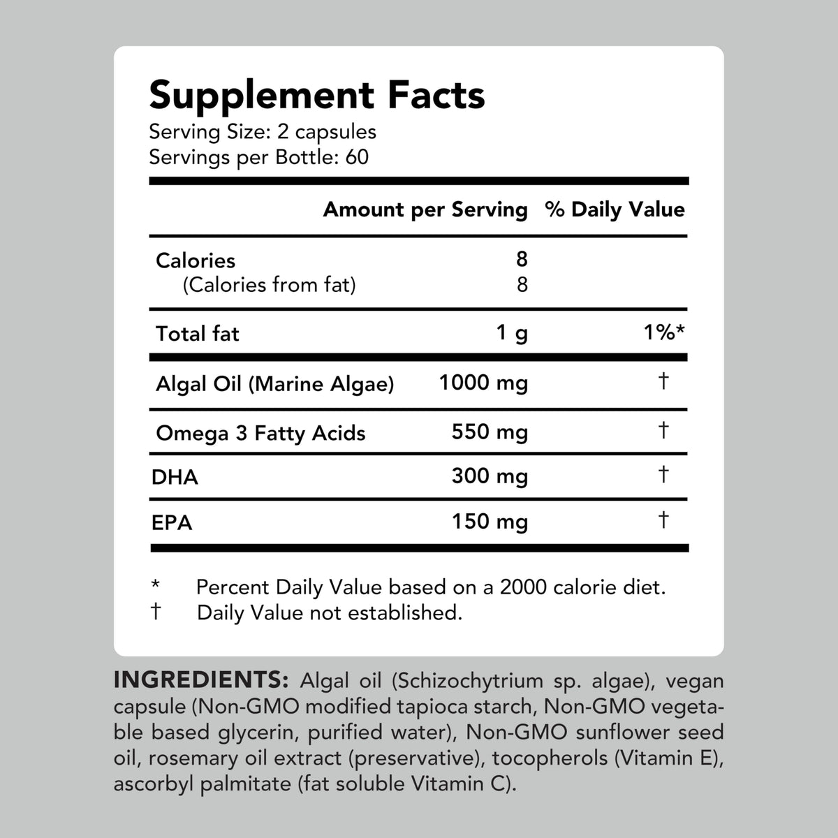Vegan Omega-3 Algal Oil DHA EPA Softgels, 120ct J29182