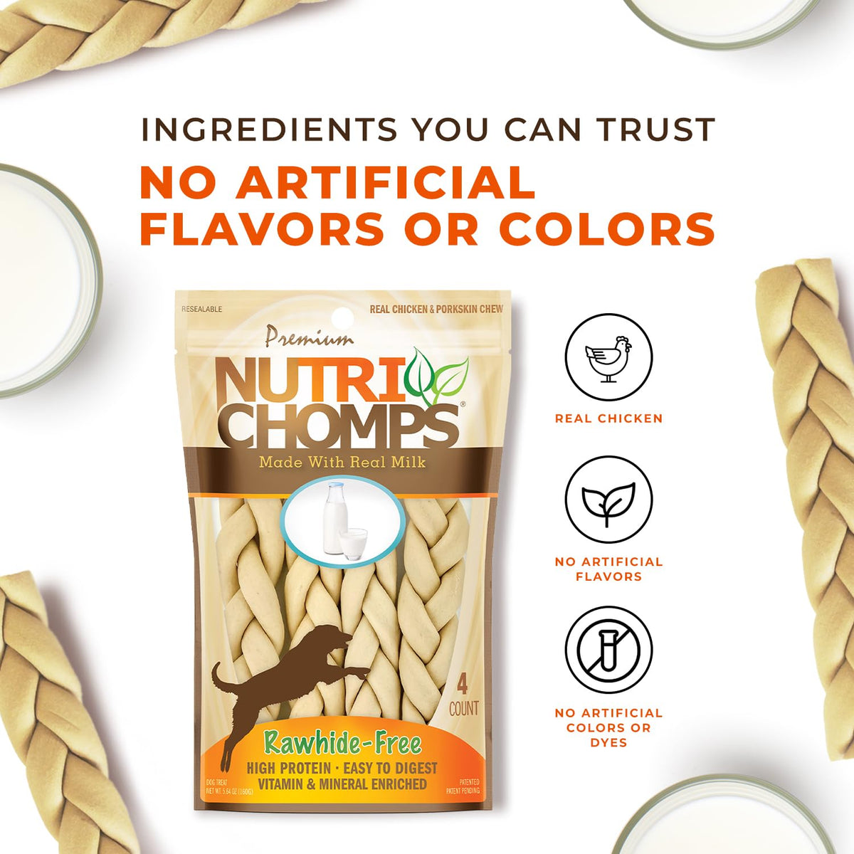 Rawhide Free Dog Chews, Milk Flavor, 6in Braids, 4ct W978800