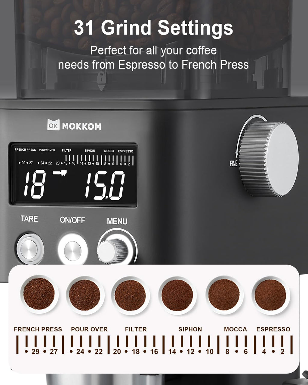 Conical Burr Coffee Grinder with Scale, 31 Grind Settings, Stainless Steel, Black W626