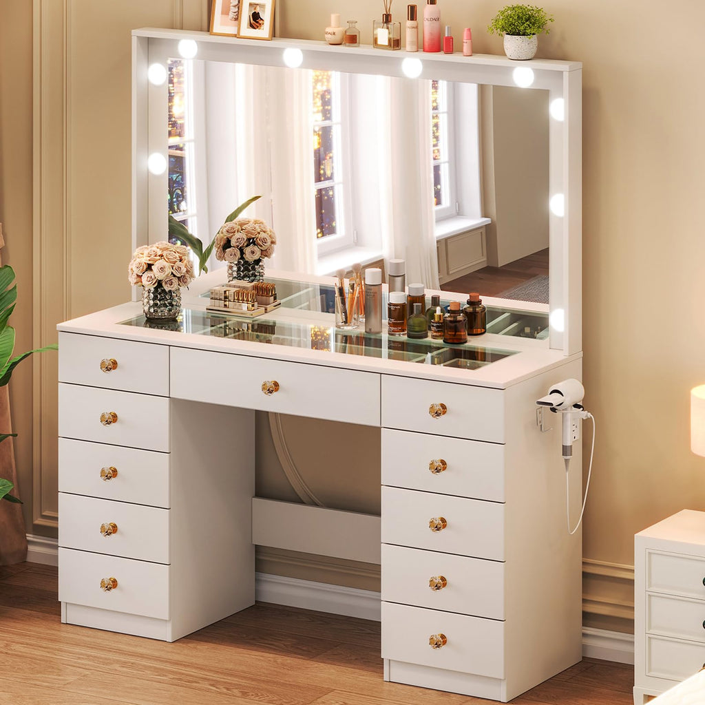 White Vanity Desk with Mirror and 10 LED Lights R29970