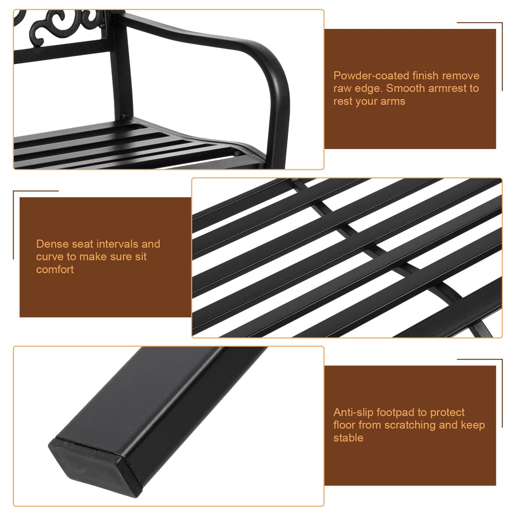 50in Black Metal Outdoor Bench with Armrests S209039