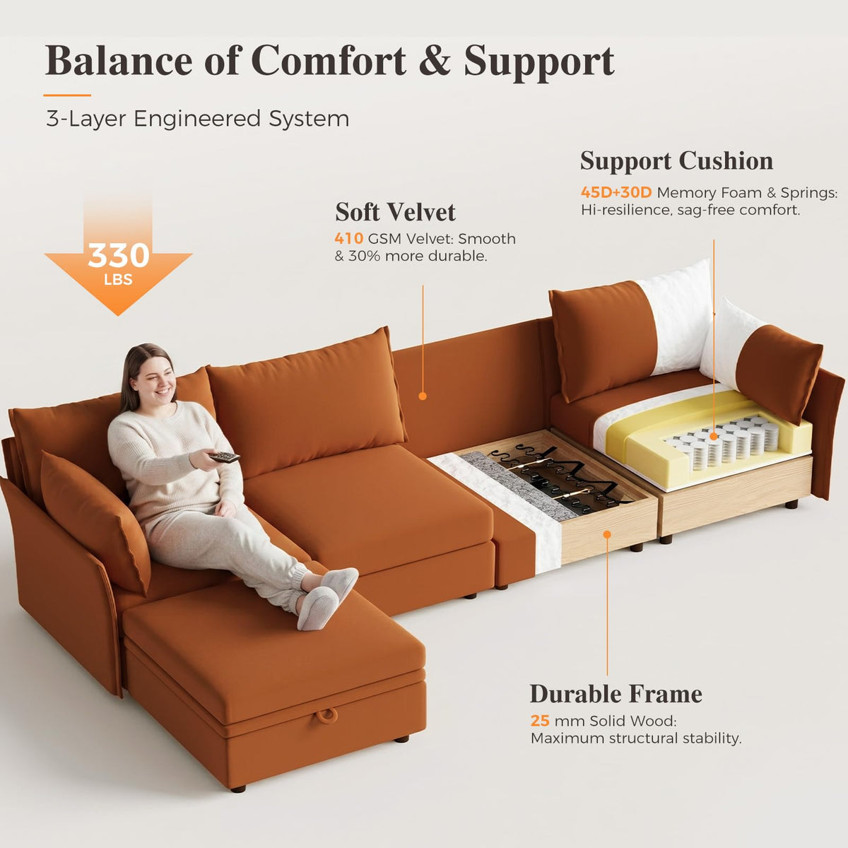 102.6" L Shaped 4 Seater Velvet Sectional Sofa with Storage Ottoman R1709