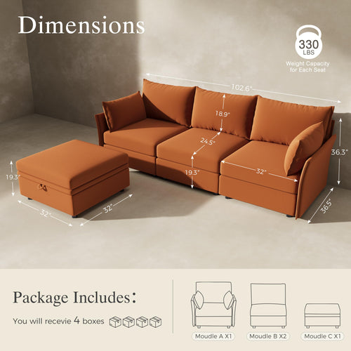 102.6" L Shaped 4 Seater Velvet Sectional Sofa with Storage Ottoman R1709