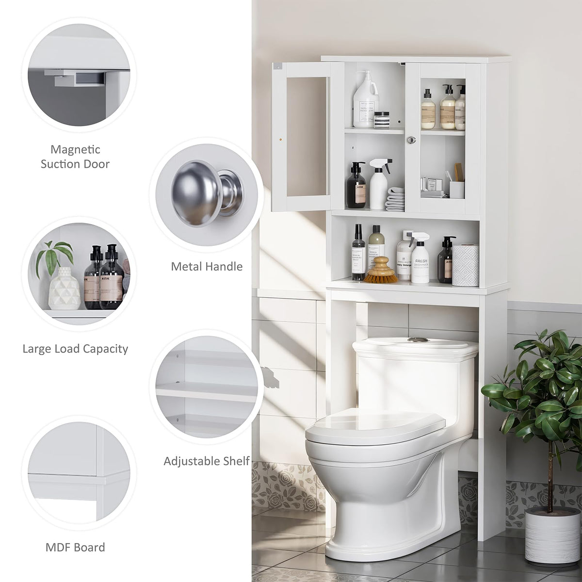 Over The Toilet Storage Cabinet with Tempered Glass Doors F880051