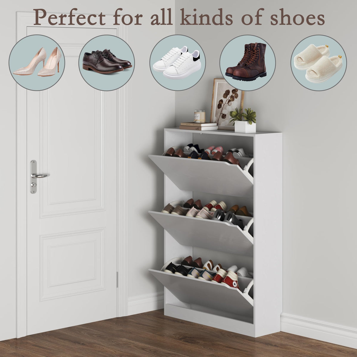 White 3 Flip Drawer Wood Shoe Cabinet J14344