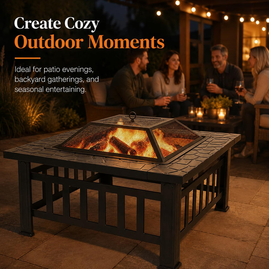 32 Inch Square Metal Wood Burning Fire Pit with Spark Screen and Poker V70714