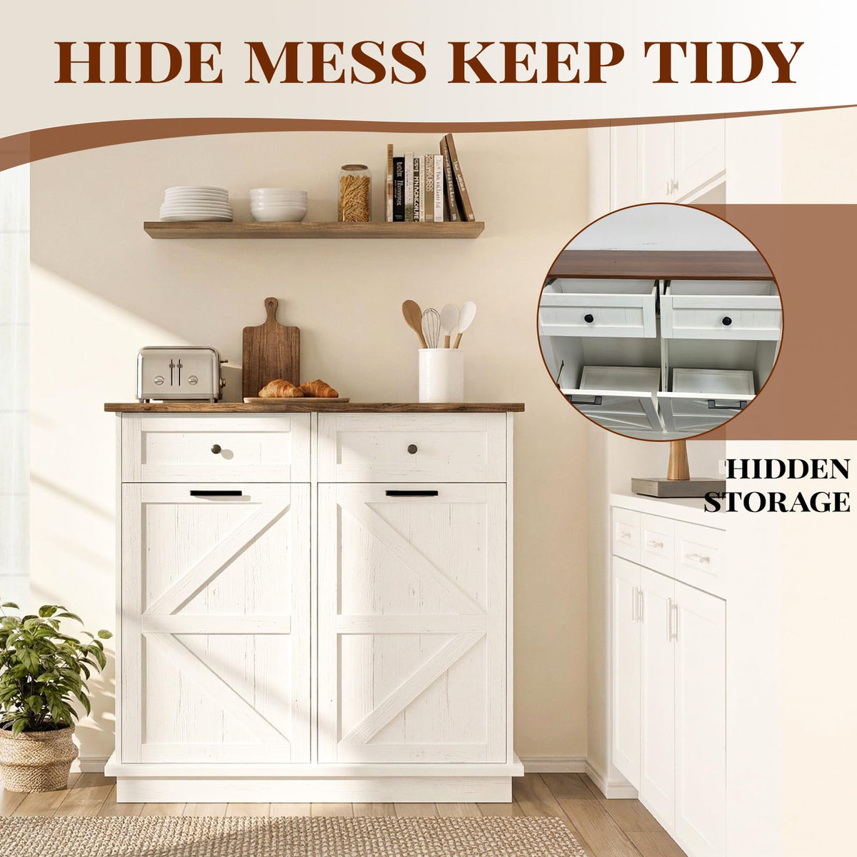 White Double 10-Gallon Tilt Out Trash Can Cabinet with Drawer F605976