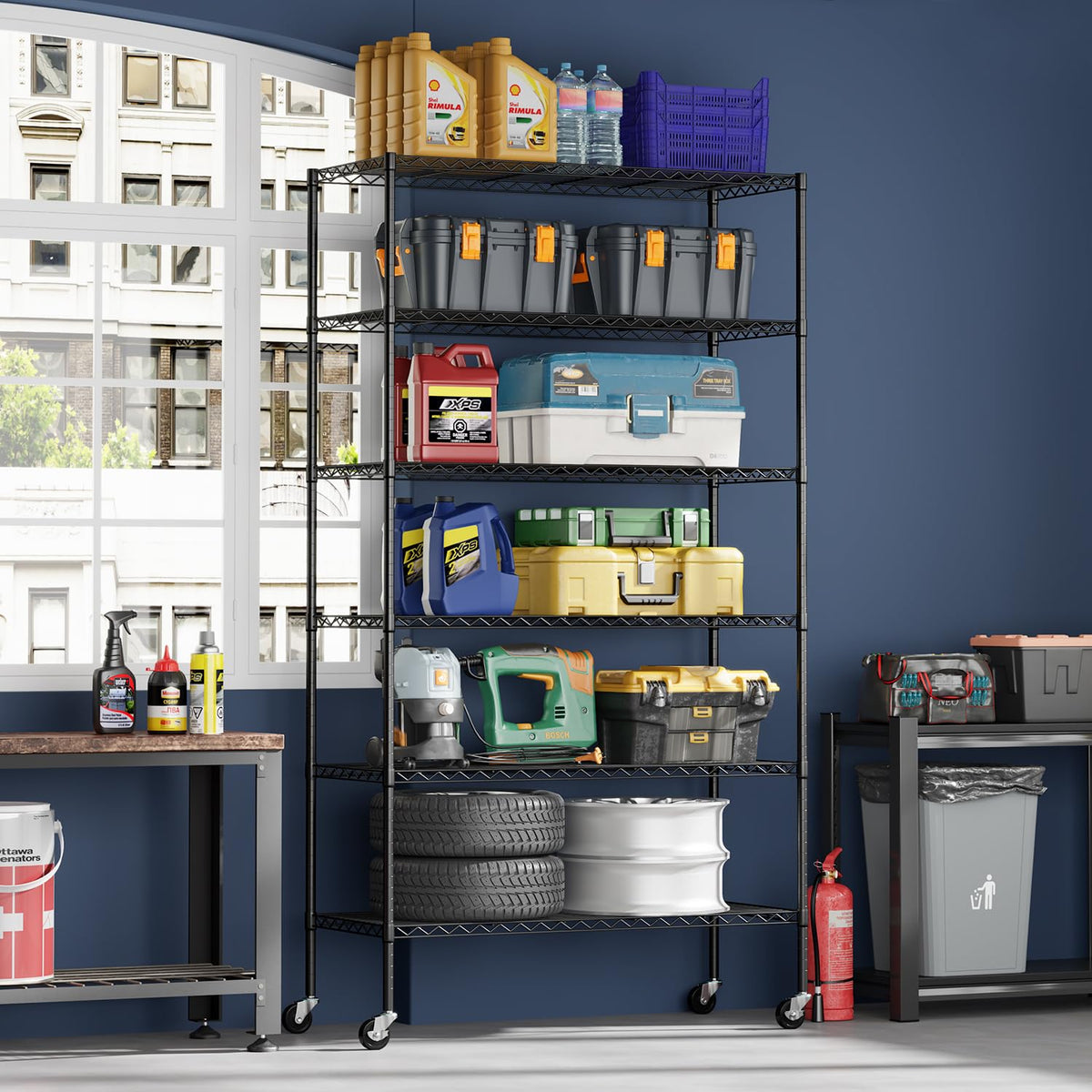 6-Tier Black Wire Shelf with Wheels P6361
