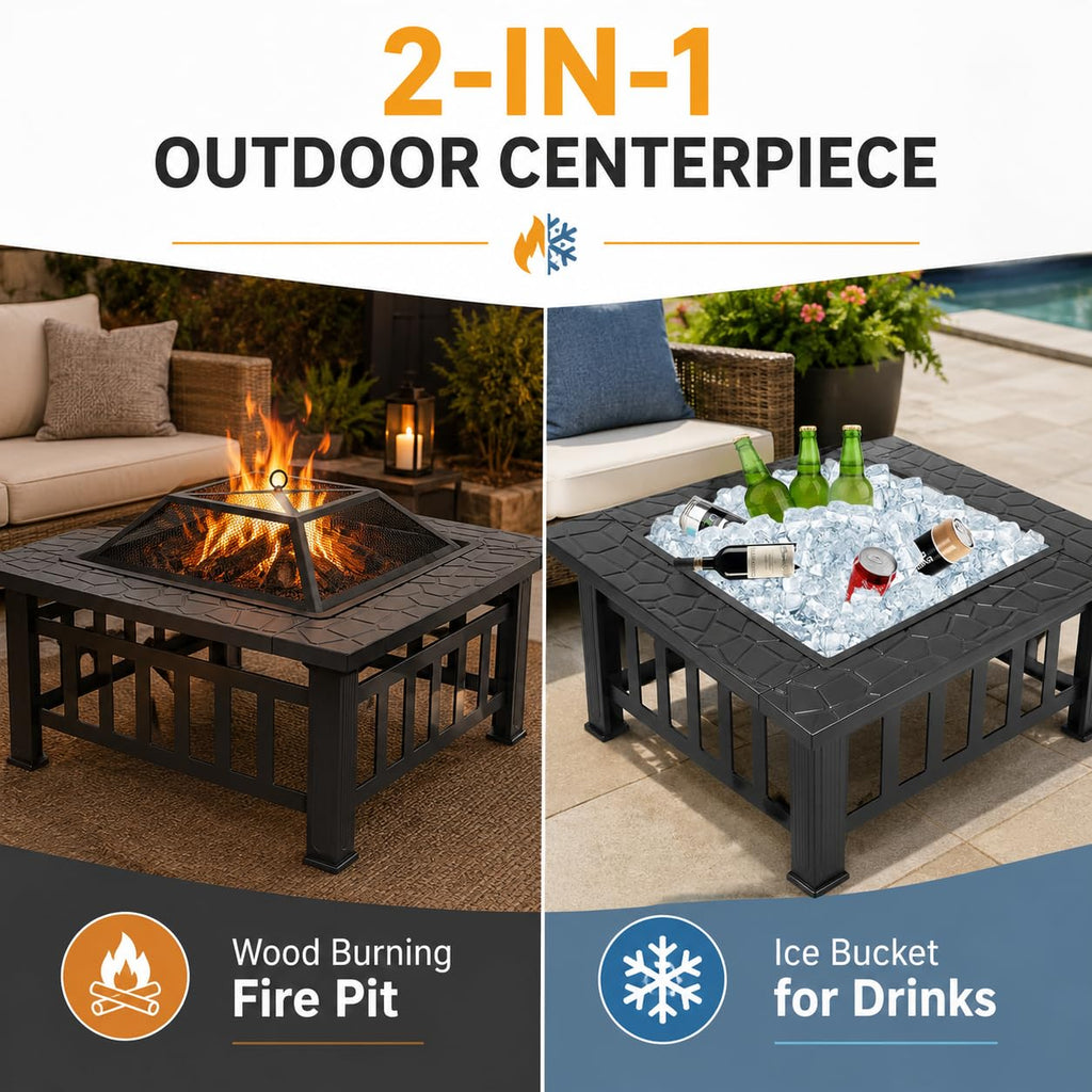 32 Inch Square Metal Wood Burning Fire Pit with Spark Screen and Poker V70714