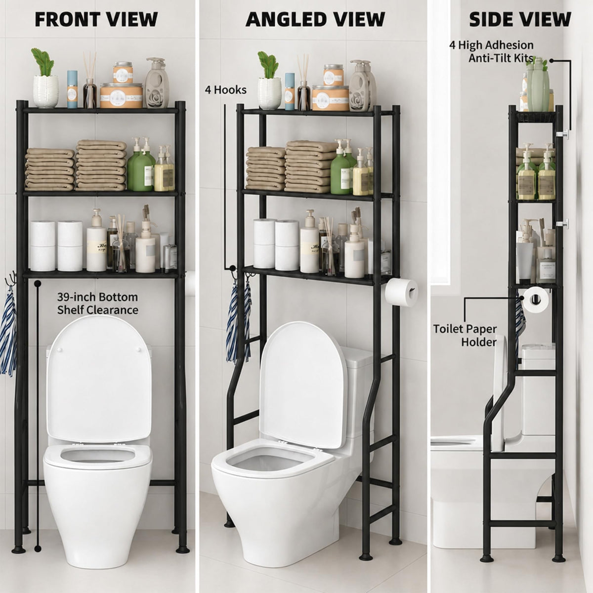 3-Tier Over Toilet Storage, Black V6419
