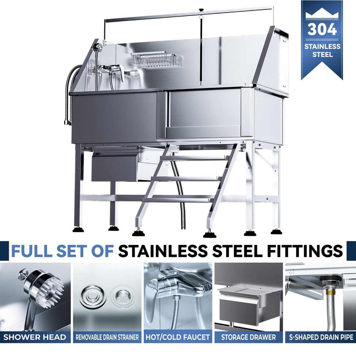46" Stainless Steel Dog Washing Station with Storage Drawer M23848