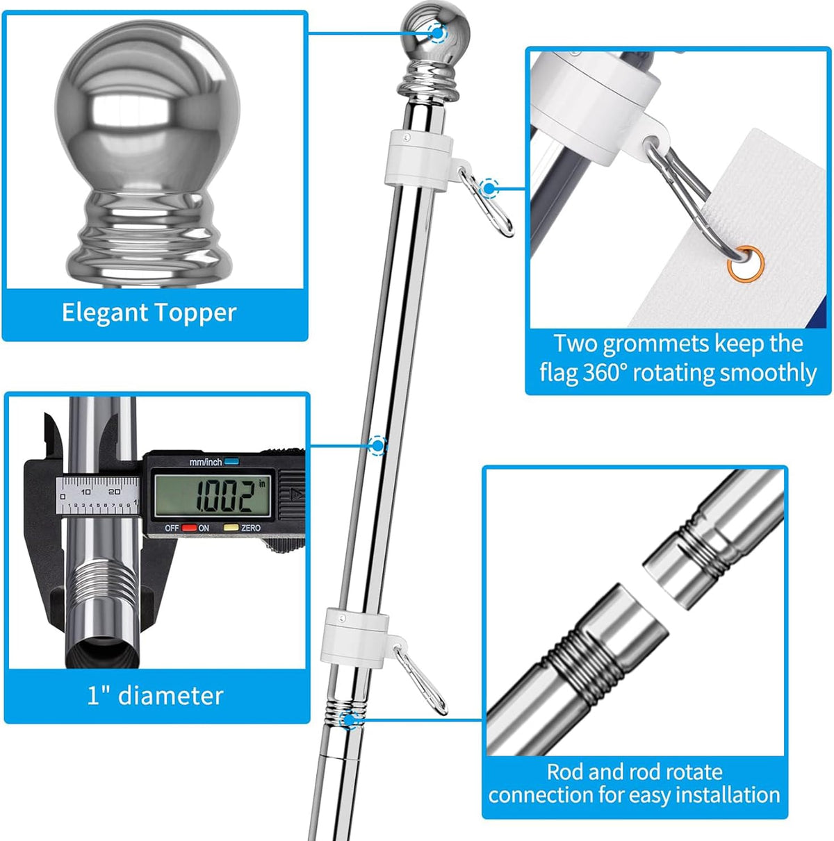 6 FT Stainless Steel Tangle Free Flag Pole Kit Z25500
