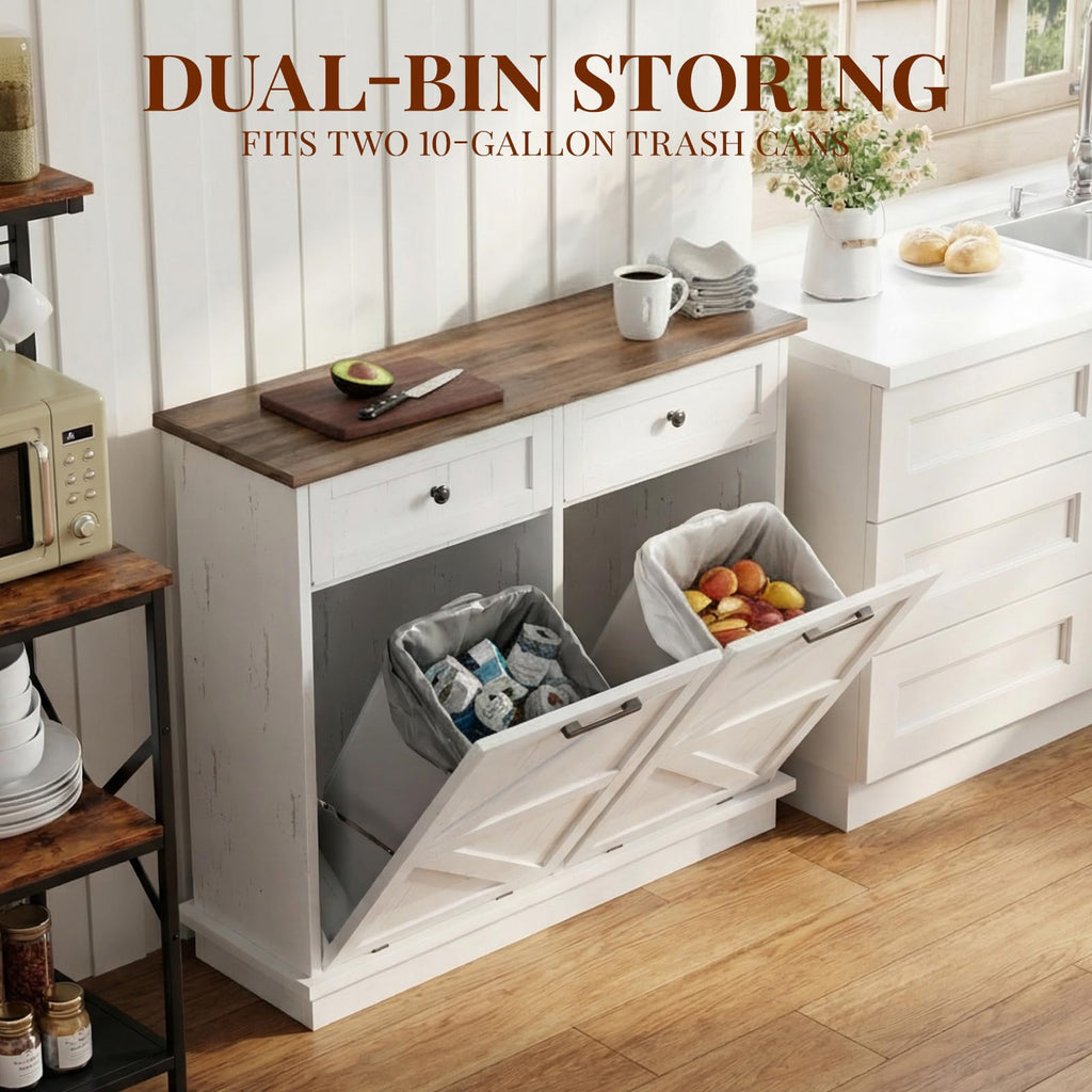 White Double 10-Gallon Tilt Out Trash Can Cabinet with Drawer F605976