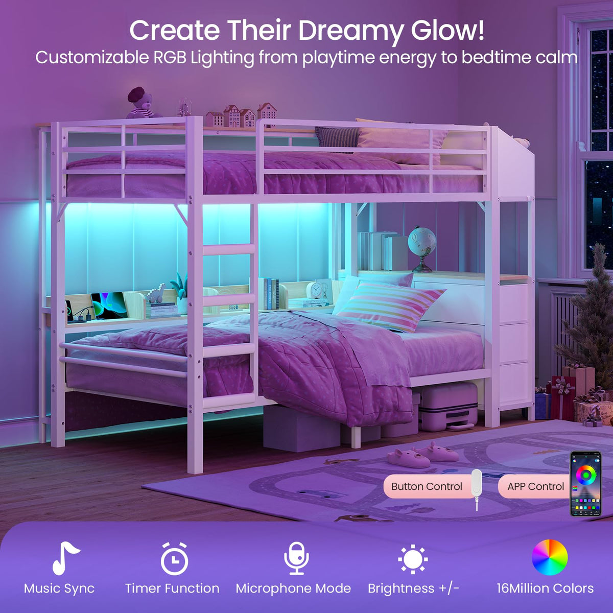 Twin Over Twin Bunk Bed with 6 Storage Drawers, Shelves, LED Lights and Ladder X28361