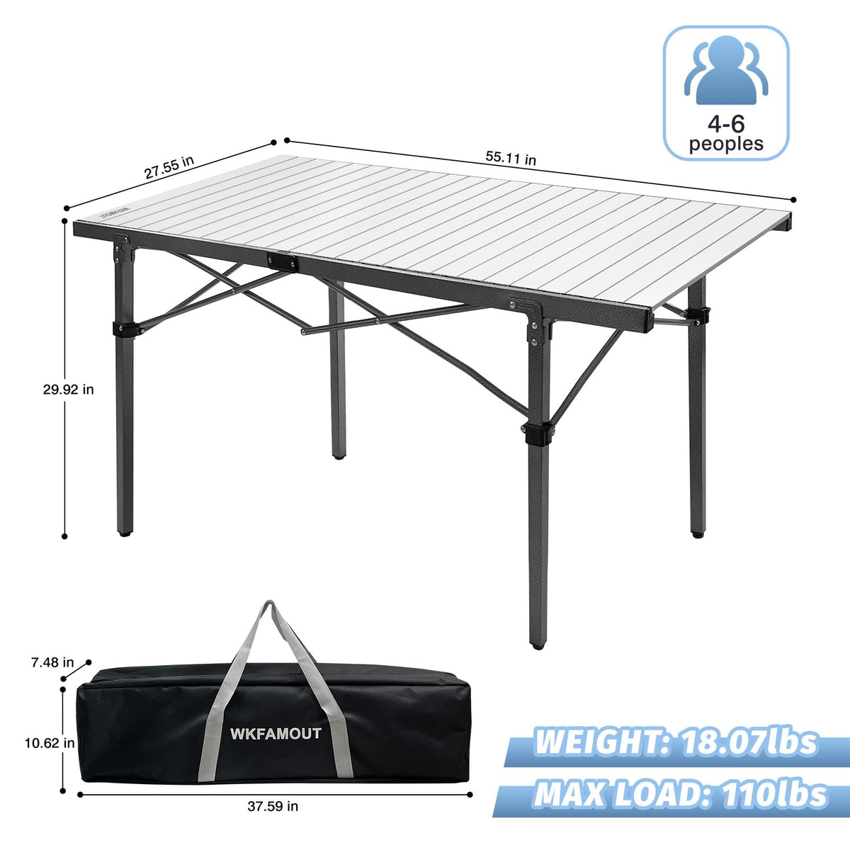 29.9" Tall Folding Camping Table for 2-6 Person, 54.7" Large Aluminum Foldable Roll-up Table Outdoor with Carry Bag for Picnic, Camp, Sturdy, Backyard, Patio F59214