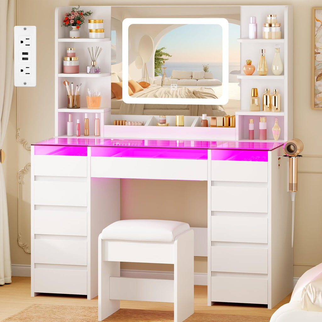 Glass Top Vanity Desk with Mirror and Stool F6936