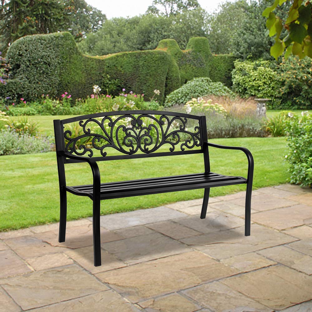 50in Black Metal Outdoor Bench with Armrests S209039