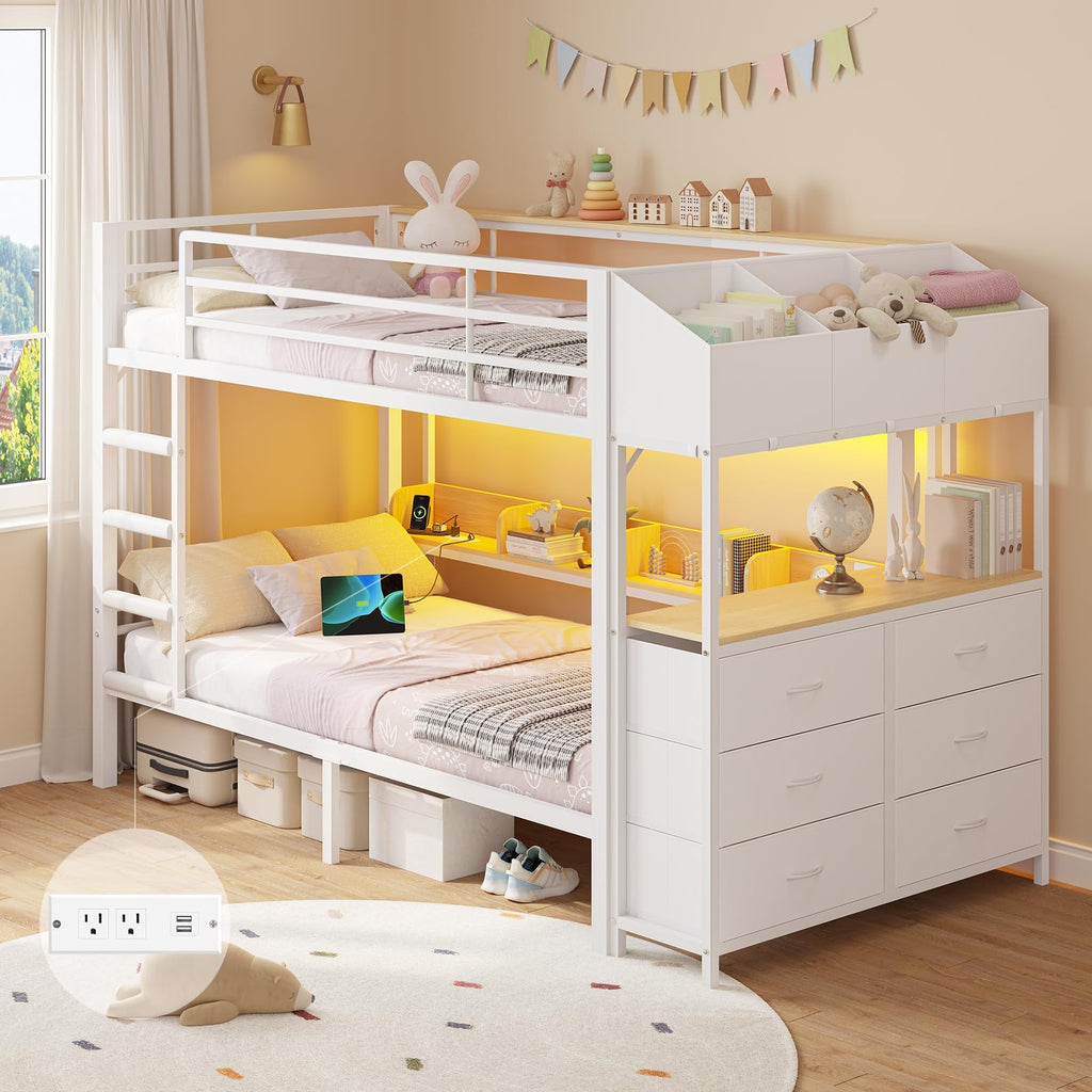 Twin Over Twin Bunk Bed with 6 Storage Drawers, Shelves, LED Lights and Ladder X28361