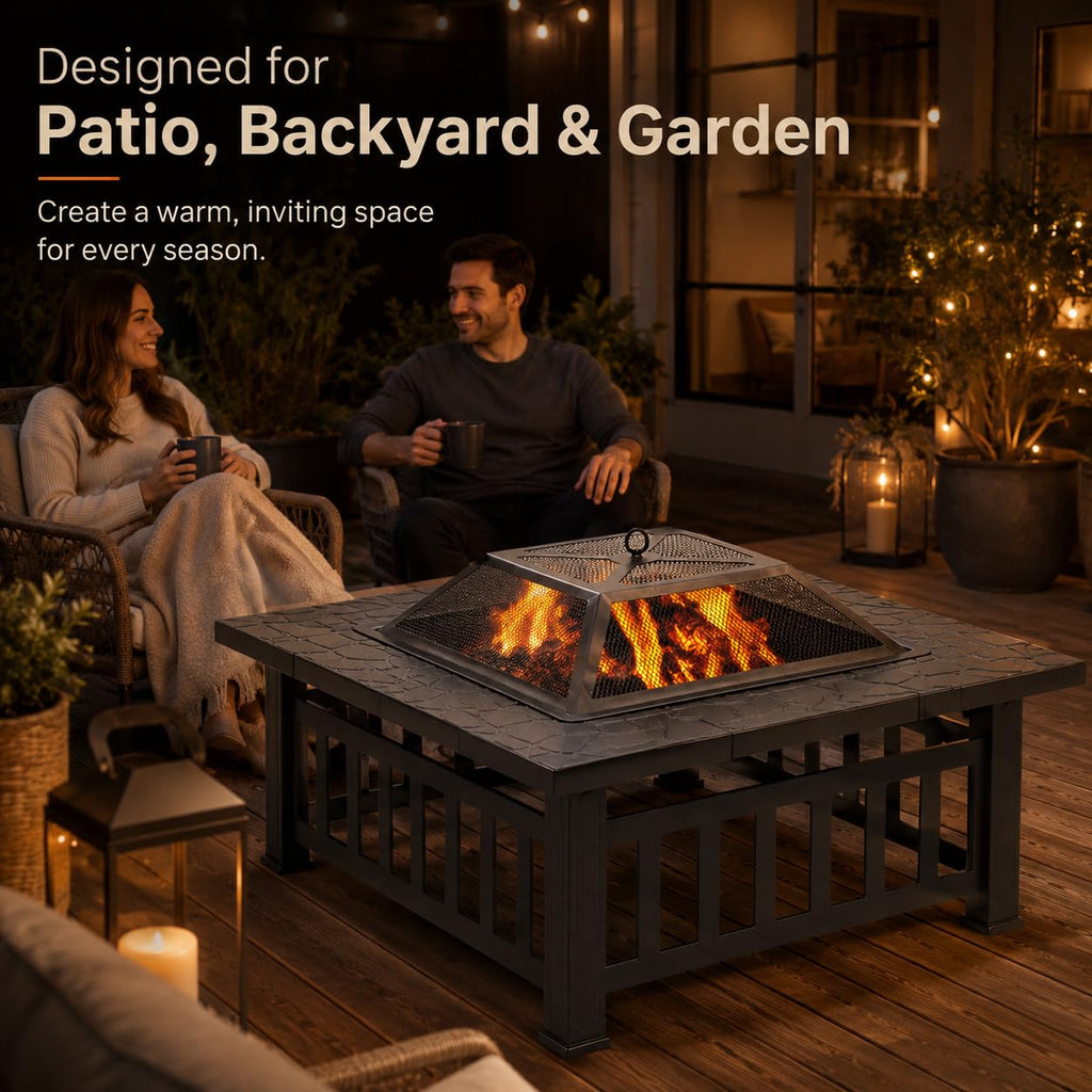 32 Inch Square Metal Wood Burning Fire Pit with Spark Screen and Poker V70714