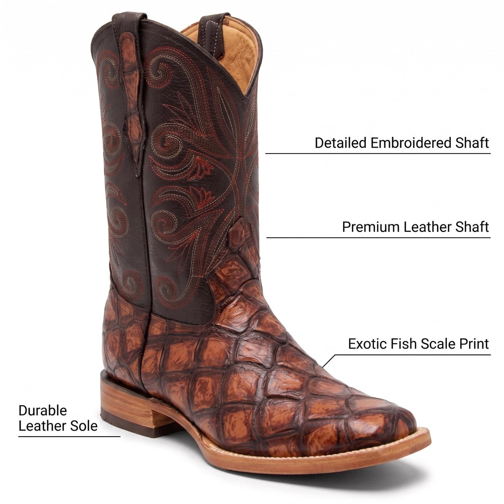 Leather Pirarucu Fish Print Western Boots T979005