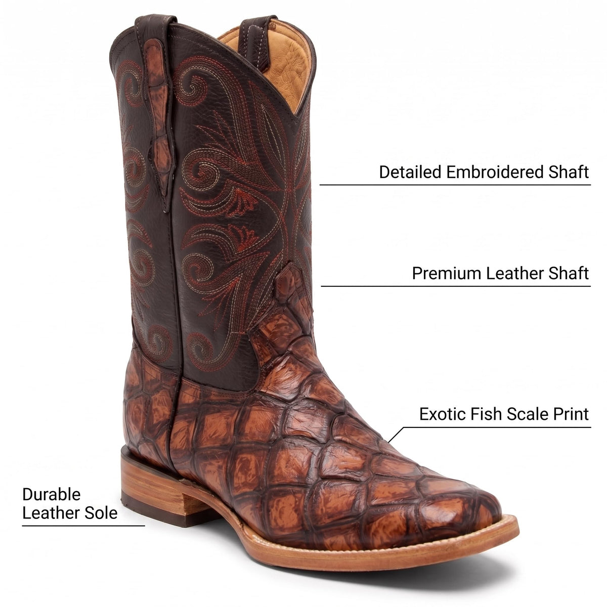 Leather Pirarucu Fish Print Western Boots T979005