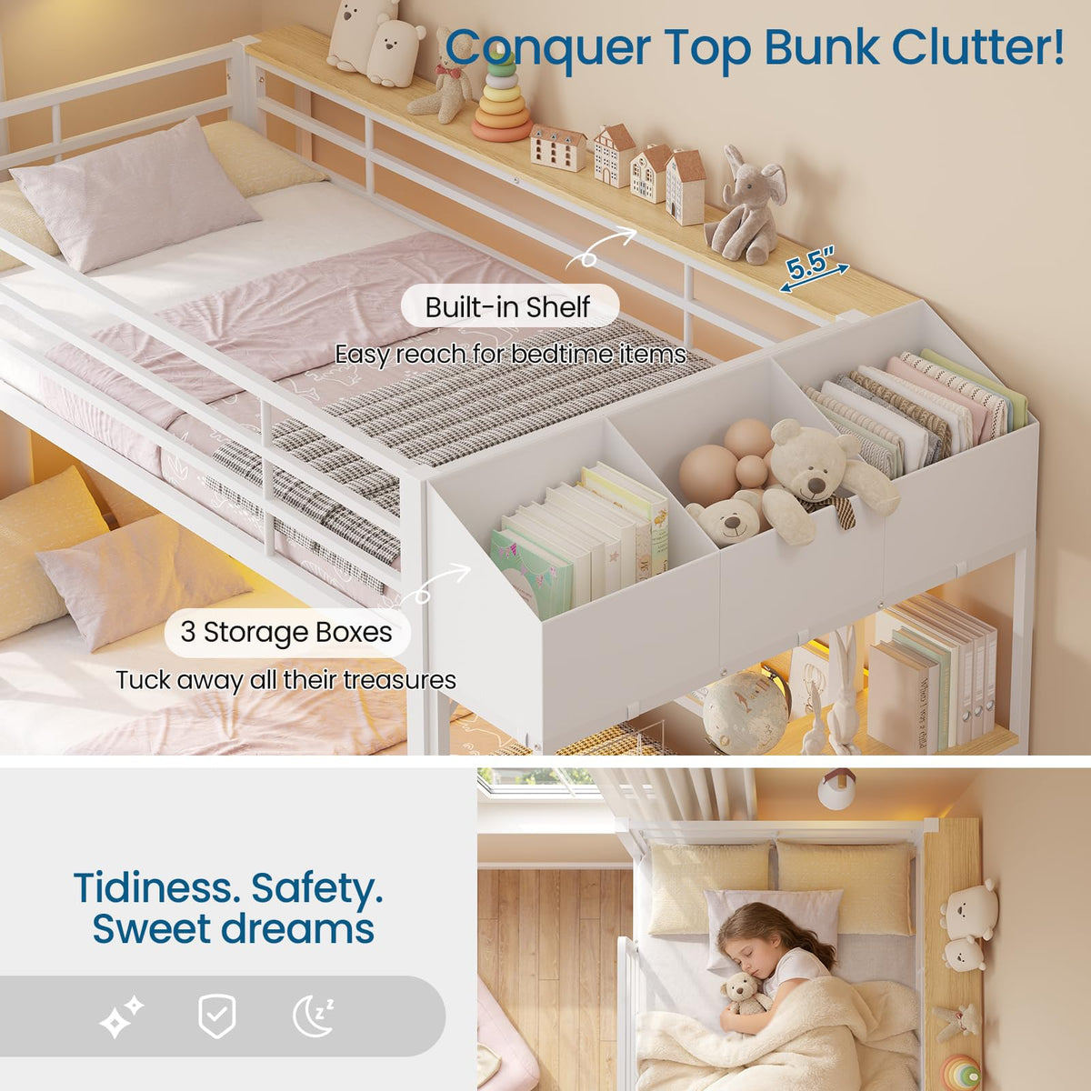 Twin Over Twin Bunk Bed with 6 Storage Drawers, Shelves, LED Lights and Ladder X28361